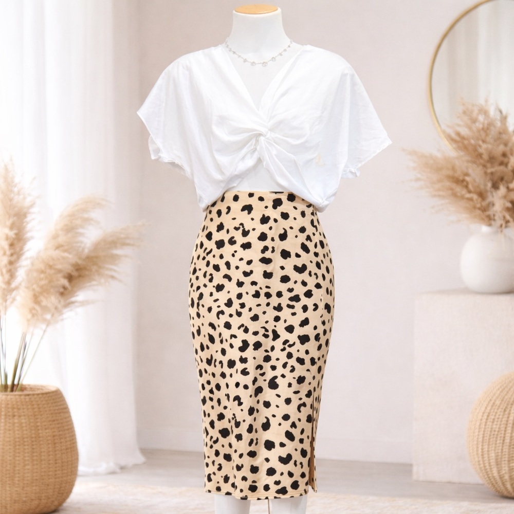 Renee C Animal Print Midi Skirt & Twist Front Blouse Set Size Medium